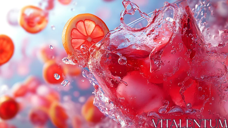 Ruby citrus splash erupting around a glass of summer joy.