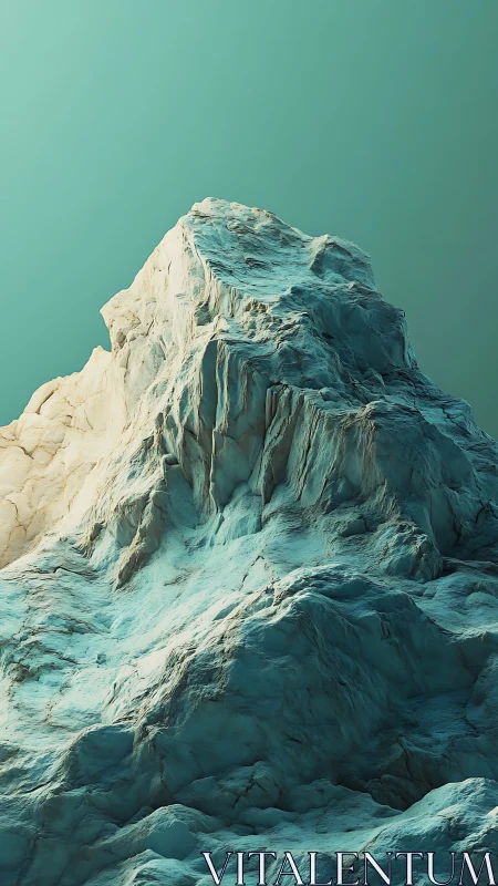 Icy rock formation under uniform teal sky background.