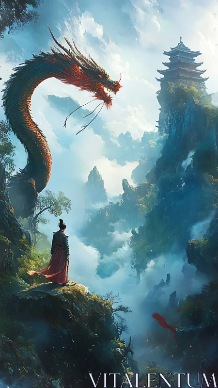 Rococo Style Floating Dragon Above Misty Mountain Gorge.