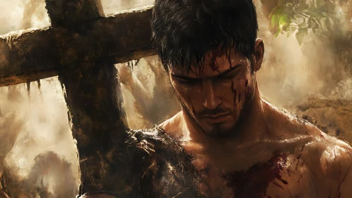 Digital painting of wounded warrior with cross in hazy light.