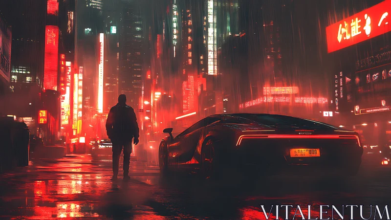 Lone figure studies neon supercar in rain-soaked cyberpunk city