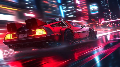 Neon-soaked retrofuturist time car in high-velocity drift.