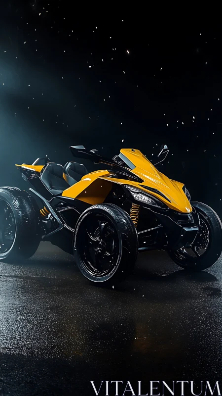 Yellow futuristic quad bike under dramatic night lighting.