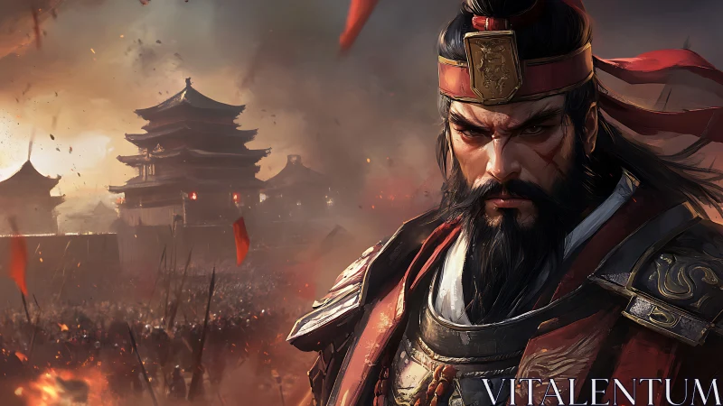 Warlord of embers stands before a burning imperial citadel.