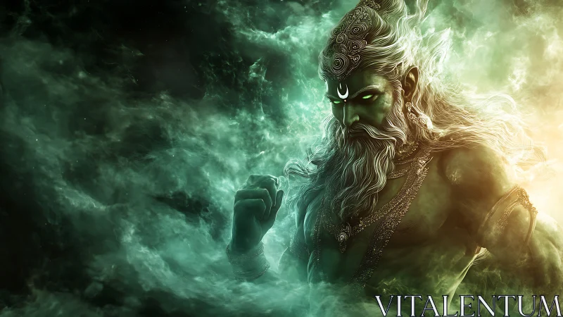 Emerald storm god rises from swirling cosmic mist. Period.