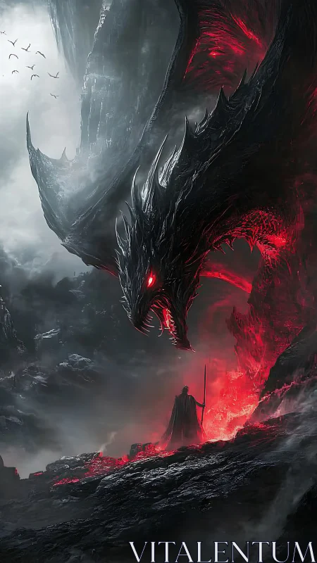 Volcanic abyss frames a colossal demonic dragon confronting warrior