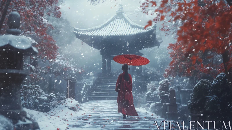 Red parasol figure in snow-laden Japanese temple approach.