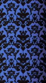 Ornate damask tessellation on blue textile field, high contrast.