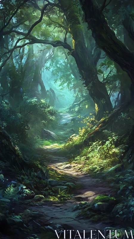 Luminous Forest Path Through Ancient Woodland.