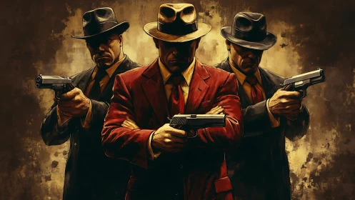 Three armed mobsters stand in dramatic noir-style tension