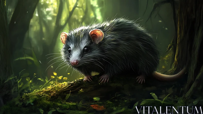 Forest rodent pauses on mossy log in soft green light.