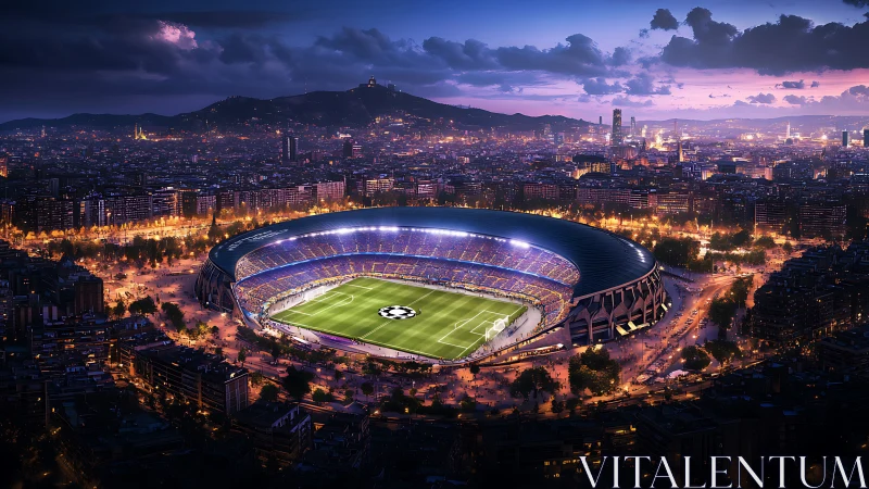 Champions League stadium glows over vast twilight city