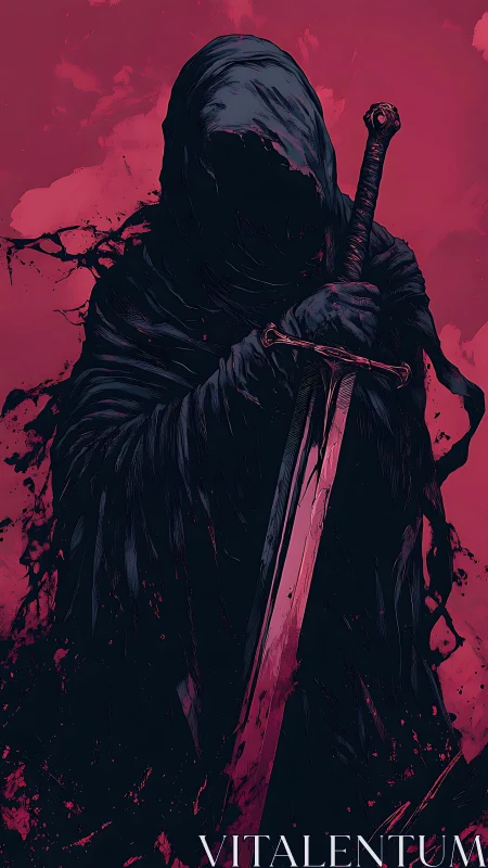 Cloaked shadow grips a bleeding sword in scarlet silence