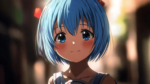 Blue dusk daydreams in a soft-lit anime city street portrait.