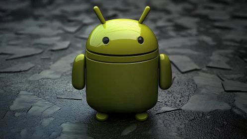 Green robot mascot stands on textured, reflective surface