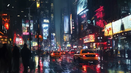 Neon taxis crossing rain-soaked streets in glowing cityscape.