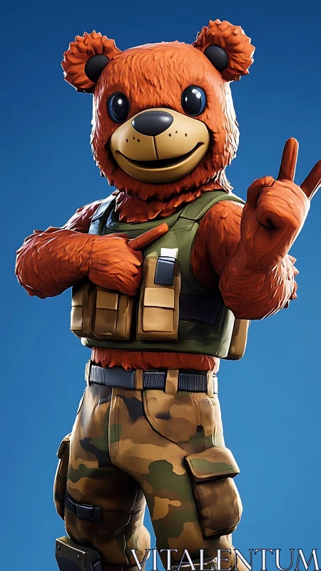 Battle-ready teddy hero flashing a cheeky peace sign.