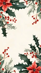 Watercolor holly leaves, red berries, and poinsettia border.