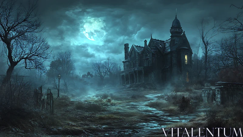 Moonlit haunted mansion amid foggy desolate graveyard.