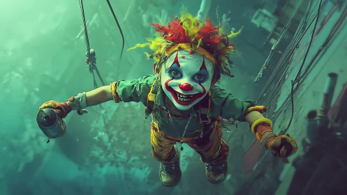 Graffiti clown hangs midair with spray can in neon alley