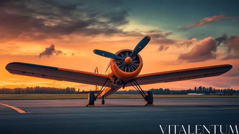Sunset runway reverie with vintage orange prop plane poised.