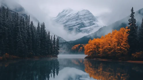 Snowy alpine peak above mirrored lake and autumn conifers