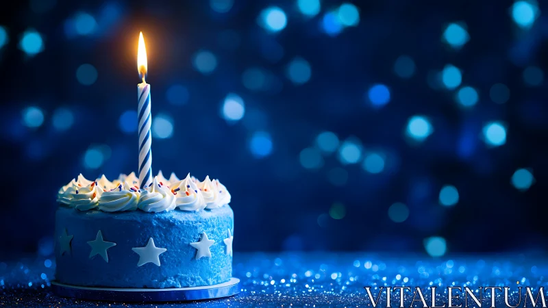 Blue Birthday Cake with Lit Candle Against Glowing Bokeh.