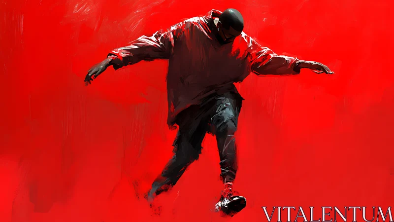 Solitary figure in red garment descends within red field