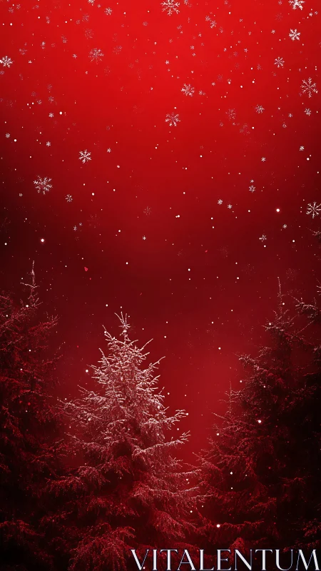 Red gradient sky with silhouetted snowy conifer trees below