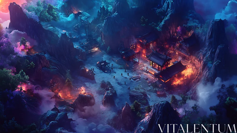 Mountain village under attack in vivid fantasy night scene.