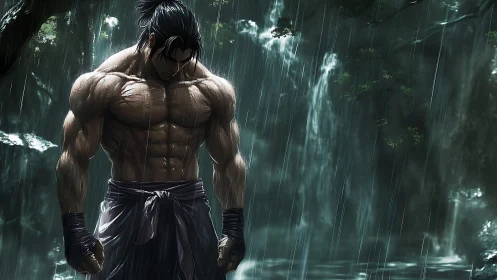 Brooding warrior under stormlit jungle waterfall.