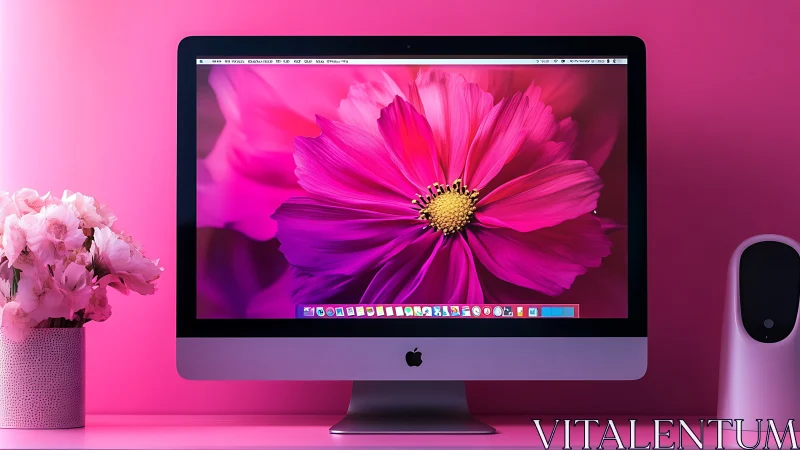 Pink desktop monitor with floral display in monochrome studio.