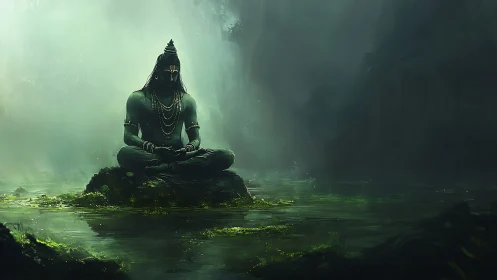 Forest mist curls around the silent meditating stone sage