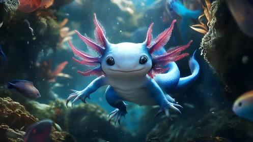 Smiling sapphire axolotl drifts through a storybook reef.