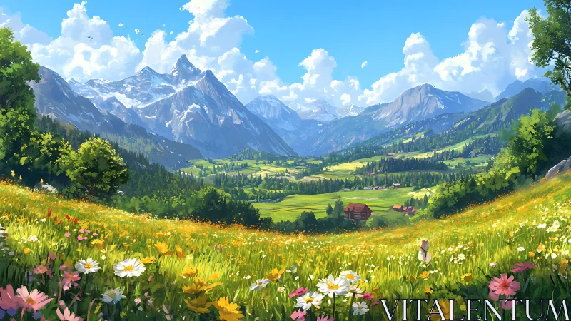 Sunlit alpine valley with wildflower meadow and layered peaks