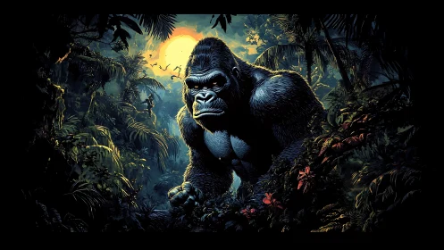 Gorilla stands in dense jungle foliage under bright backlit sun