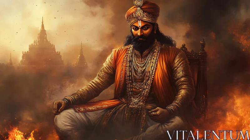 Regal figure seated amid smoke with distant temple forms.