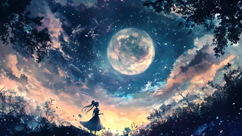 Anime nightscape with silhouetted girl and luminous full moon.