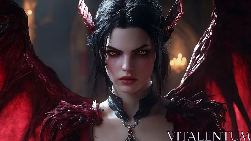 Demonic winged queen with crimson armor in gothic hall.