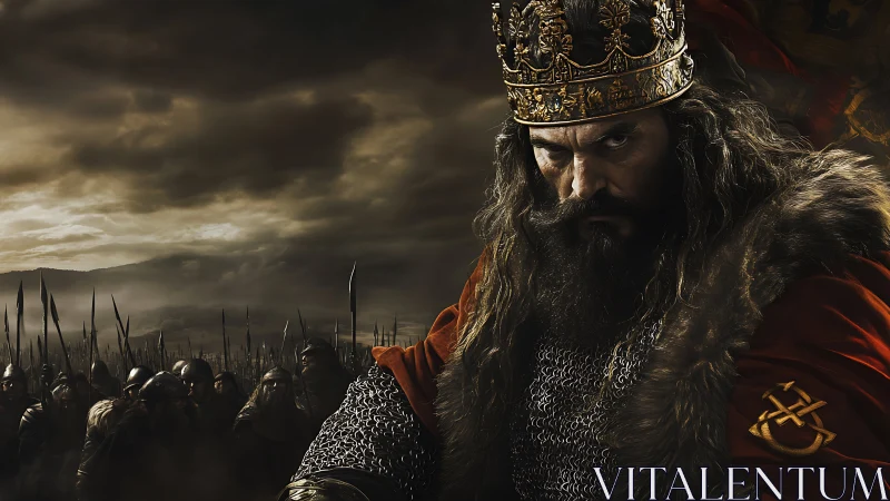 Brooding medieval king leading his battle ready army forward.
