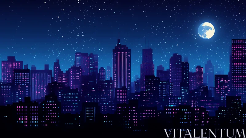 Neon lit city skyline under starry blue night sky.