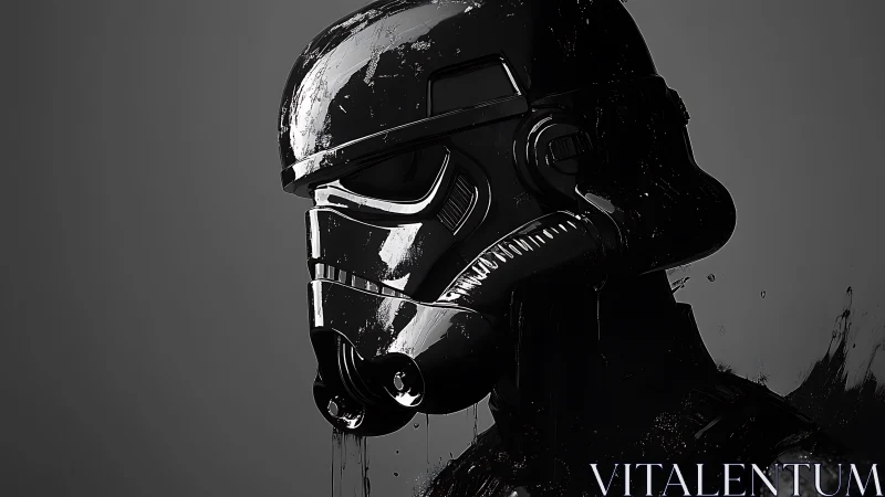 Shadowed sci fi trooper helmet gleams in moody grayscale light