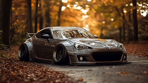 Autumn-stanced sports coupe prowls a golden forest road.