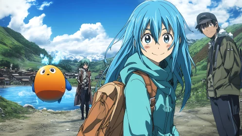 Blue haired anime girl hiking with friends by clear lake.