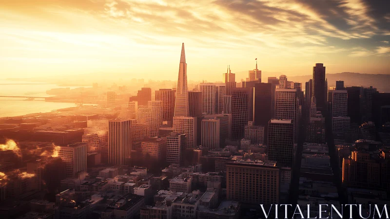 Sunrise over dense coastal skyline with tapered tower form.