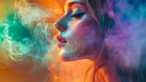 Profile portrait merges neon smoke clouds and glossy skin tones