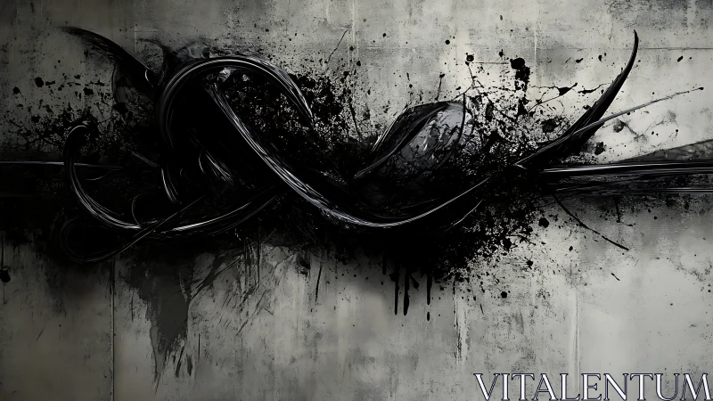 Black abstract spline with splatter on concrete wall.