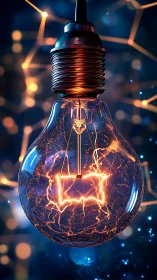 Luminous filament bulb renders abstract neural light grid