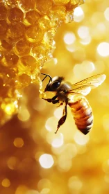 Honeybee contacts illuminated honeycomb under shallow focus