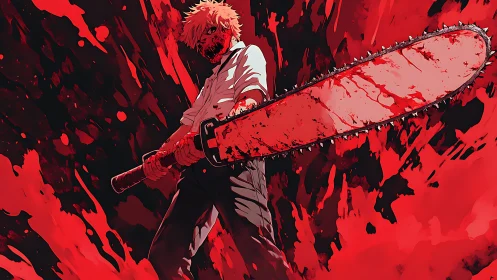 Chainsaw-armed figure stands amid red abstract background